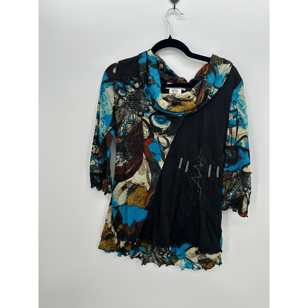 Zoe Abstract Art Print Cowl Neck Crinkle Top Womens Large Boho Lagenlook Tunic